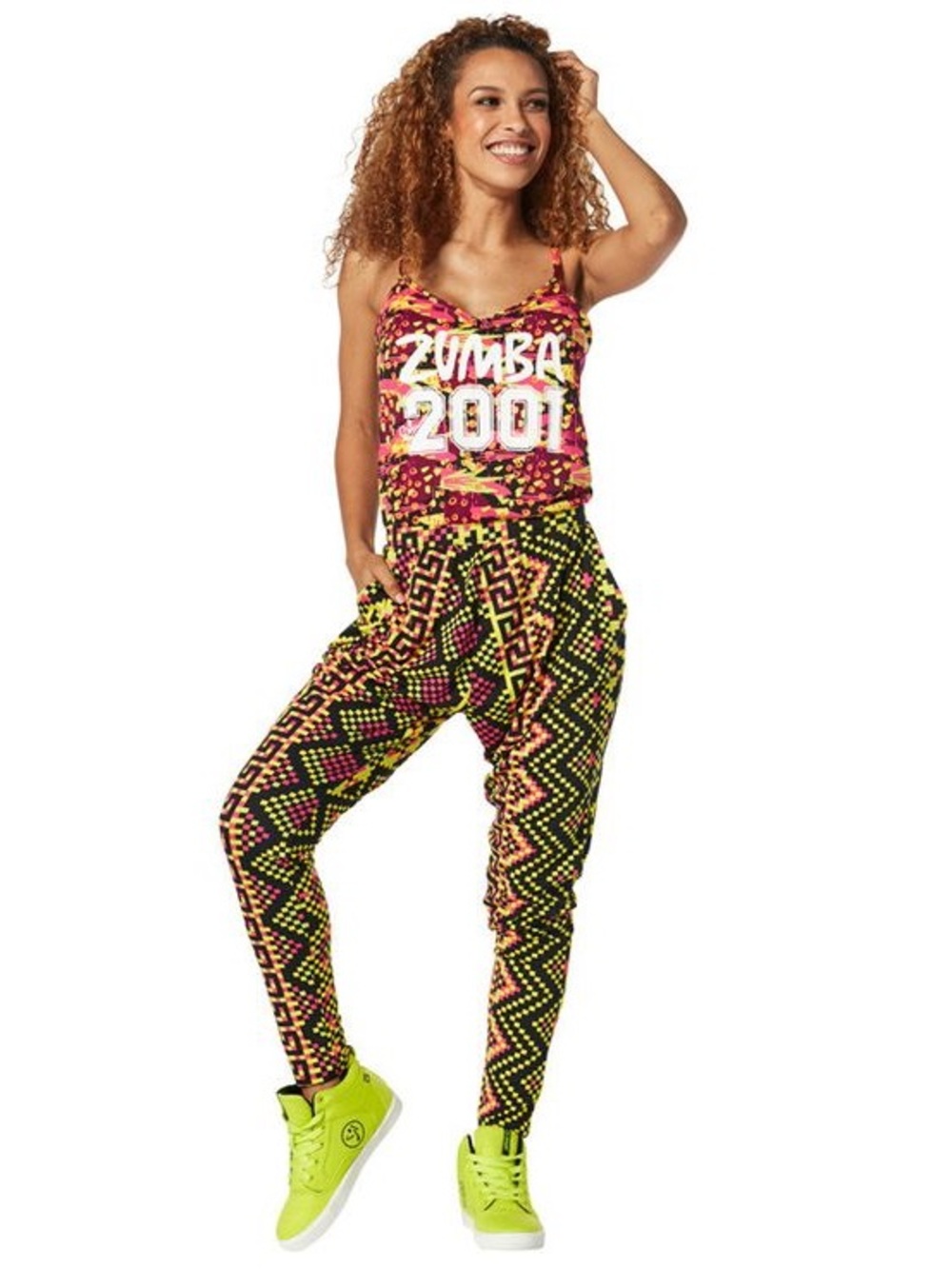 Zumba Fitness Jumpsuit One Piece Leggings Neon Pattern Pink Yellow Black Size M